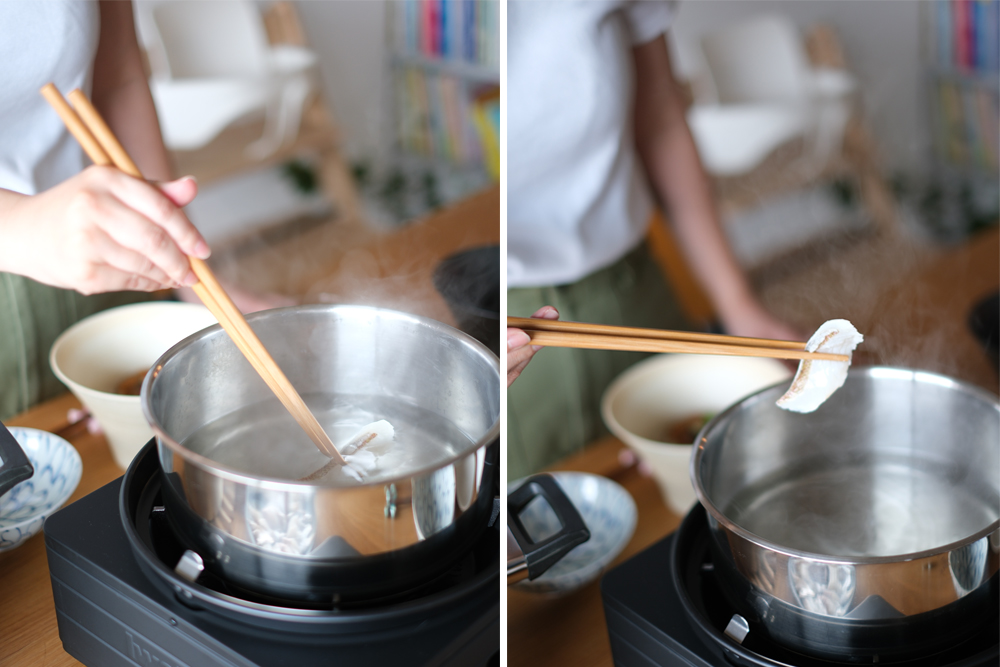 鯛の切り身をしゃぶしゃぶしている様子